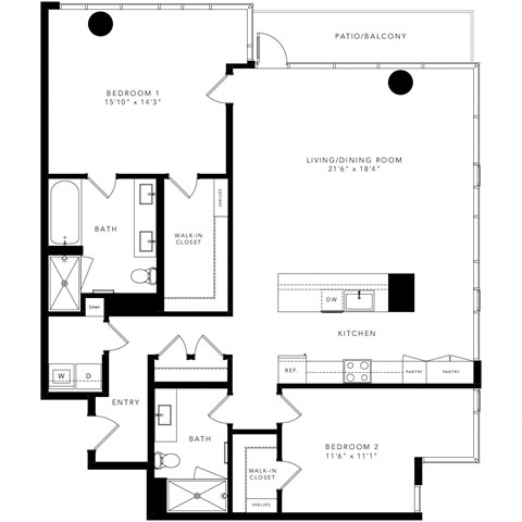 Floor plan for 2 beds, 2 baths, 1565 sqft